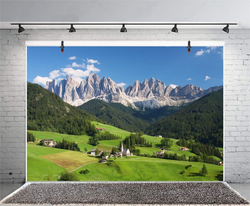 Laeacco European Alps Backdrop 10x8ft Photography Background Dolomites Swiss Mountains Green Forest Blue Sky Scenic Spot Outdoor Photo Background Studio Props Photo Studio - Image 3